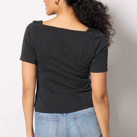 Nation LTD Marcella Button Front Sweetheart Neckline Short Sleeve Top in Black - Picture 5 of 13